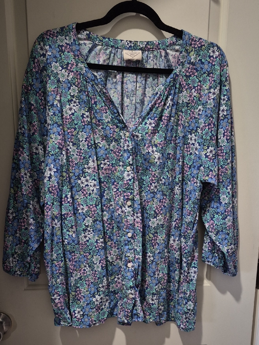 St. John's Bay Blue Multi Floral Button-Down Blouse